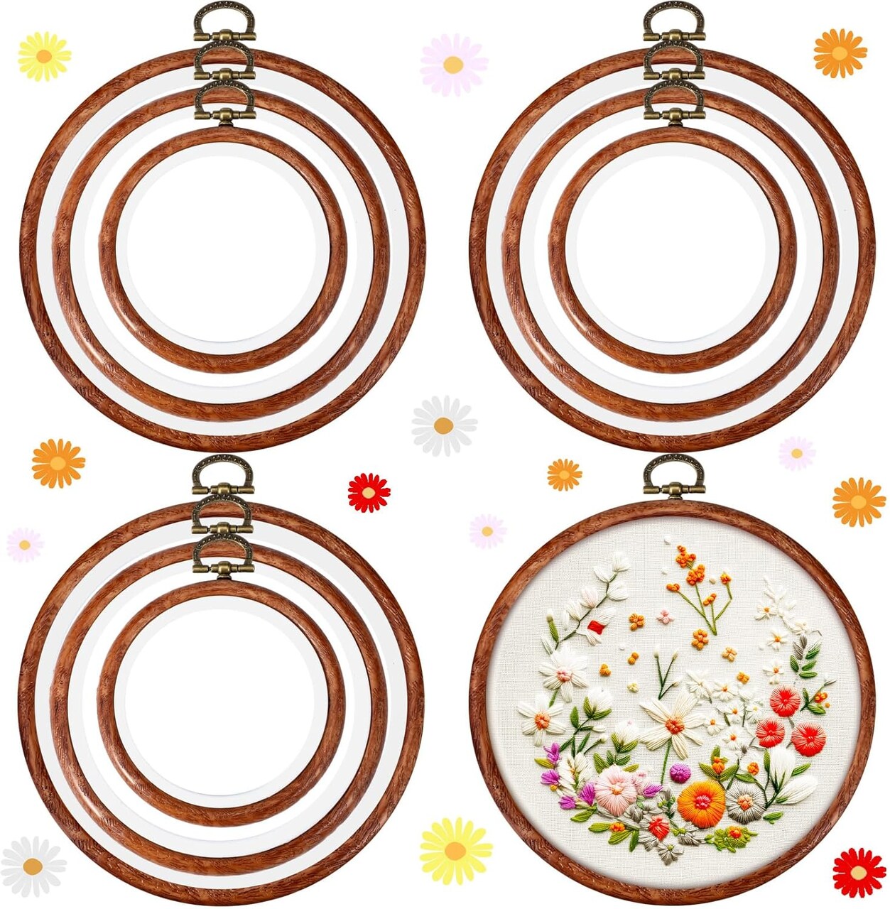 9-Piece Vintage-Style Embroidery Hoop Set – Faux Wood Circular Frames in 3 Sizes (3.5", 4.3", 5.3") – Antique Brass Hanging Rings for Cross Stitch, Ornament Display & DIY Craft Projects
